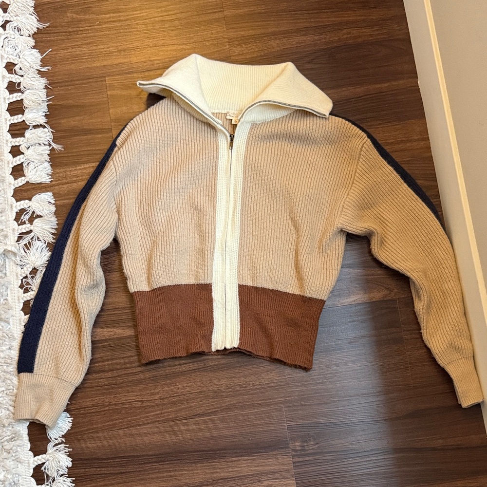 Hem & Thread Tan and Brown Zip-Up Sweater